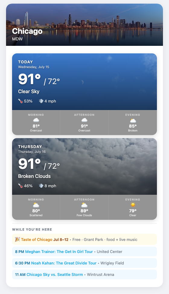 Chicago weather brief with Taste of Chicago festival listing