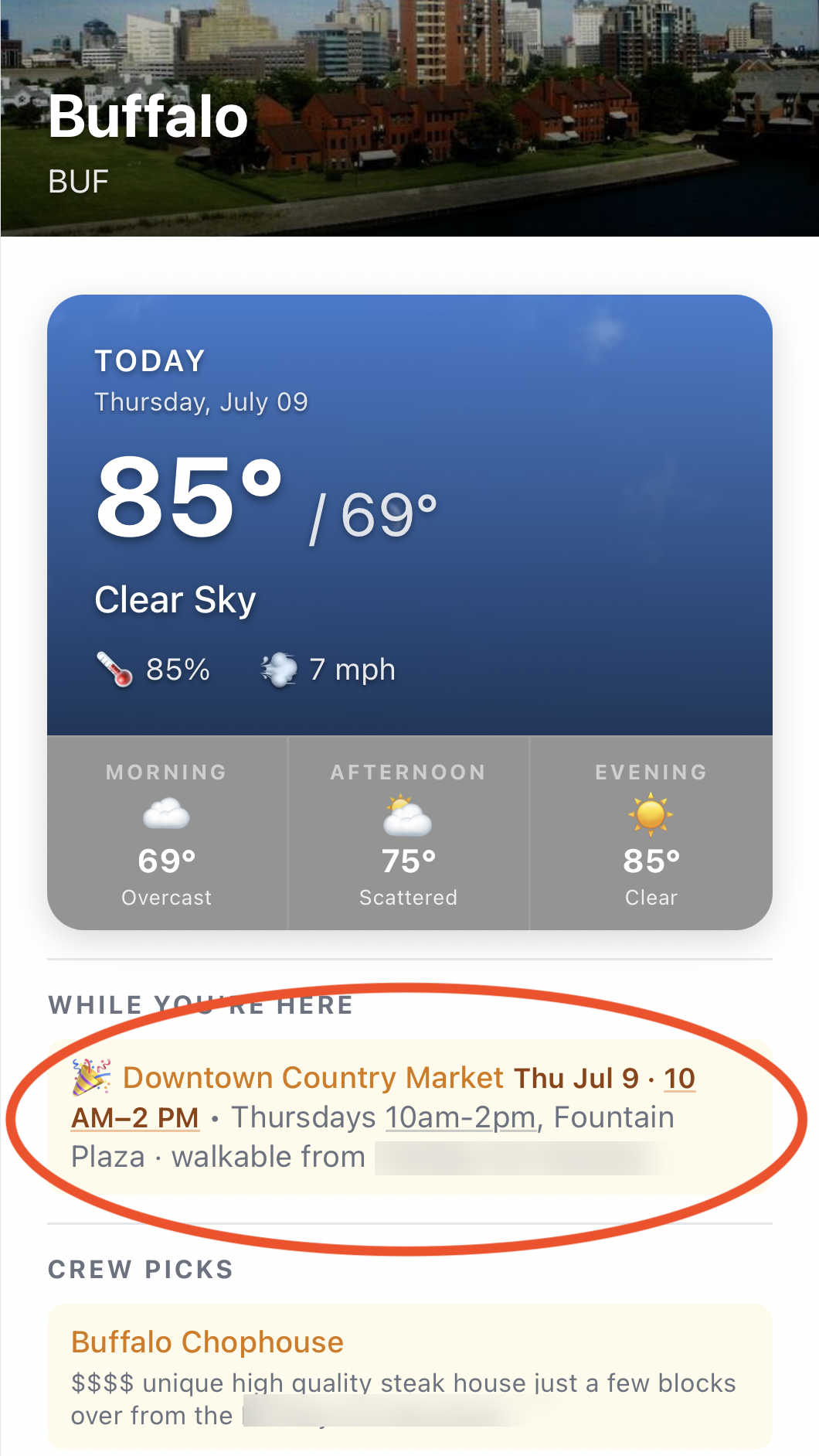 CrewWX morning email flagging the Downtown Country Market festival and Crew Picks in Buffalo
