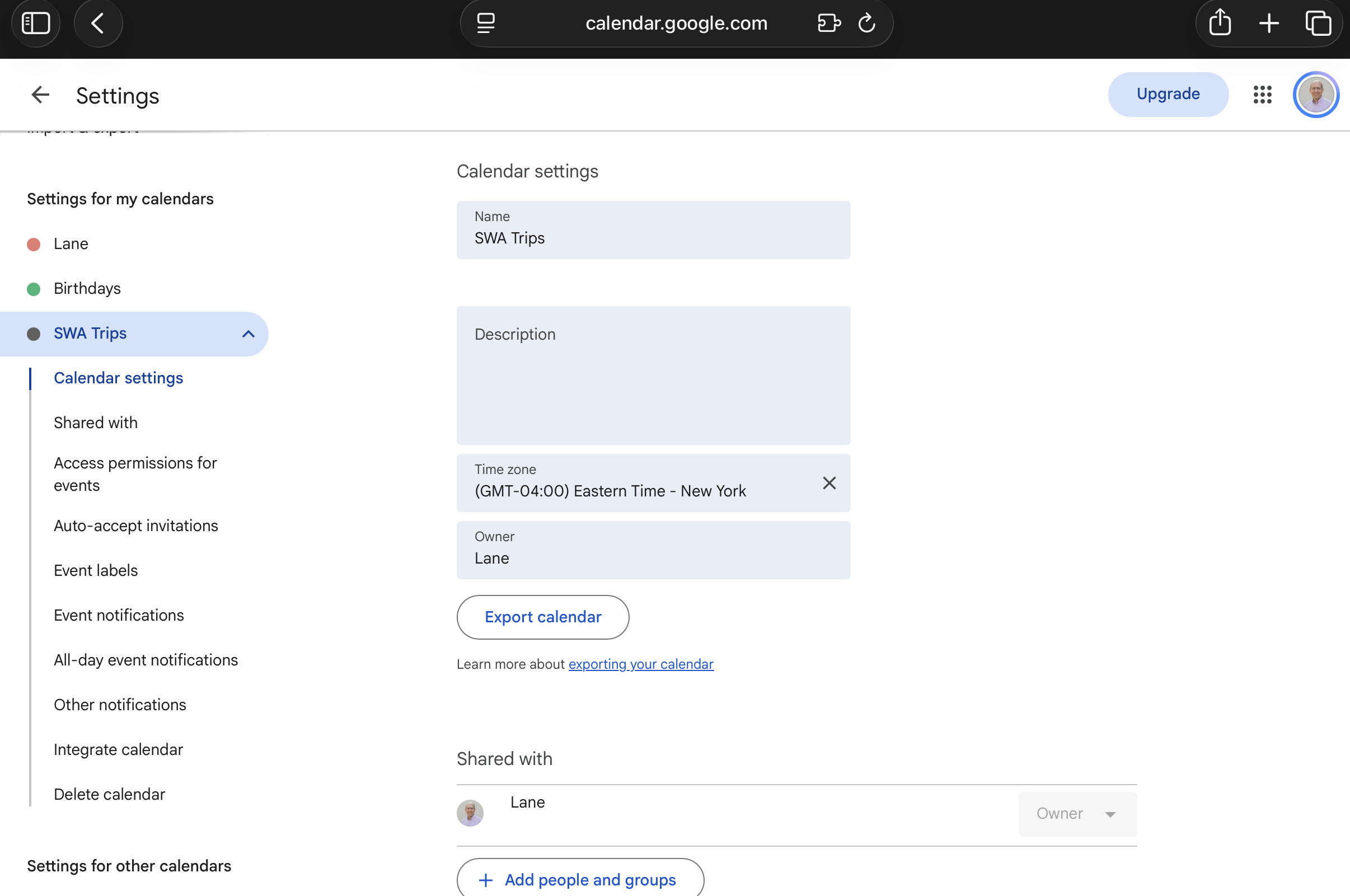 The SWA Trips calendar, created and named, in Google Calendar's settings