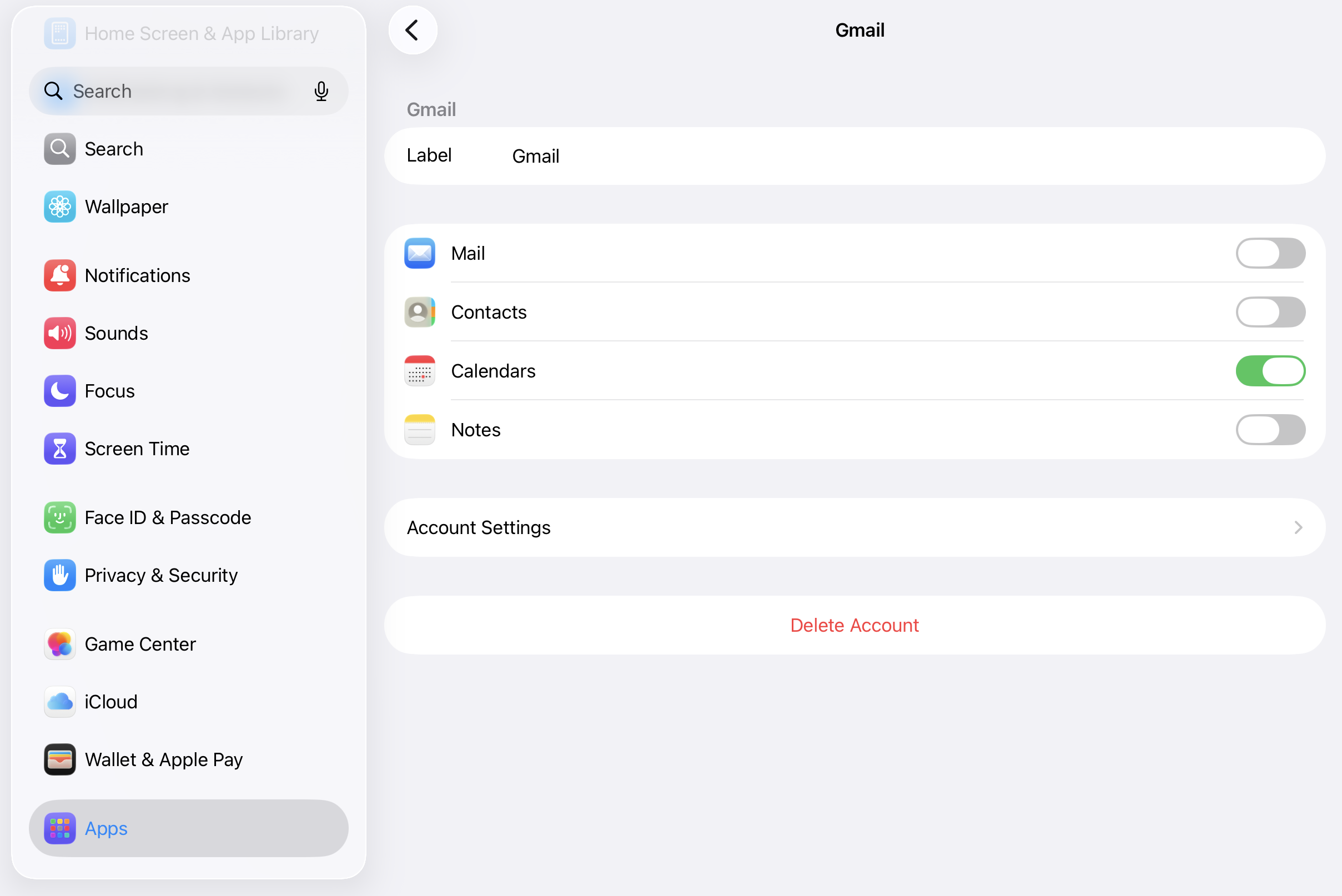 The Google account's own settings, with the Calendars toggle switched on