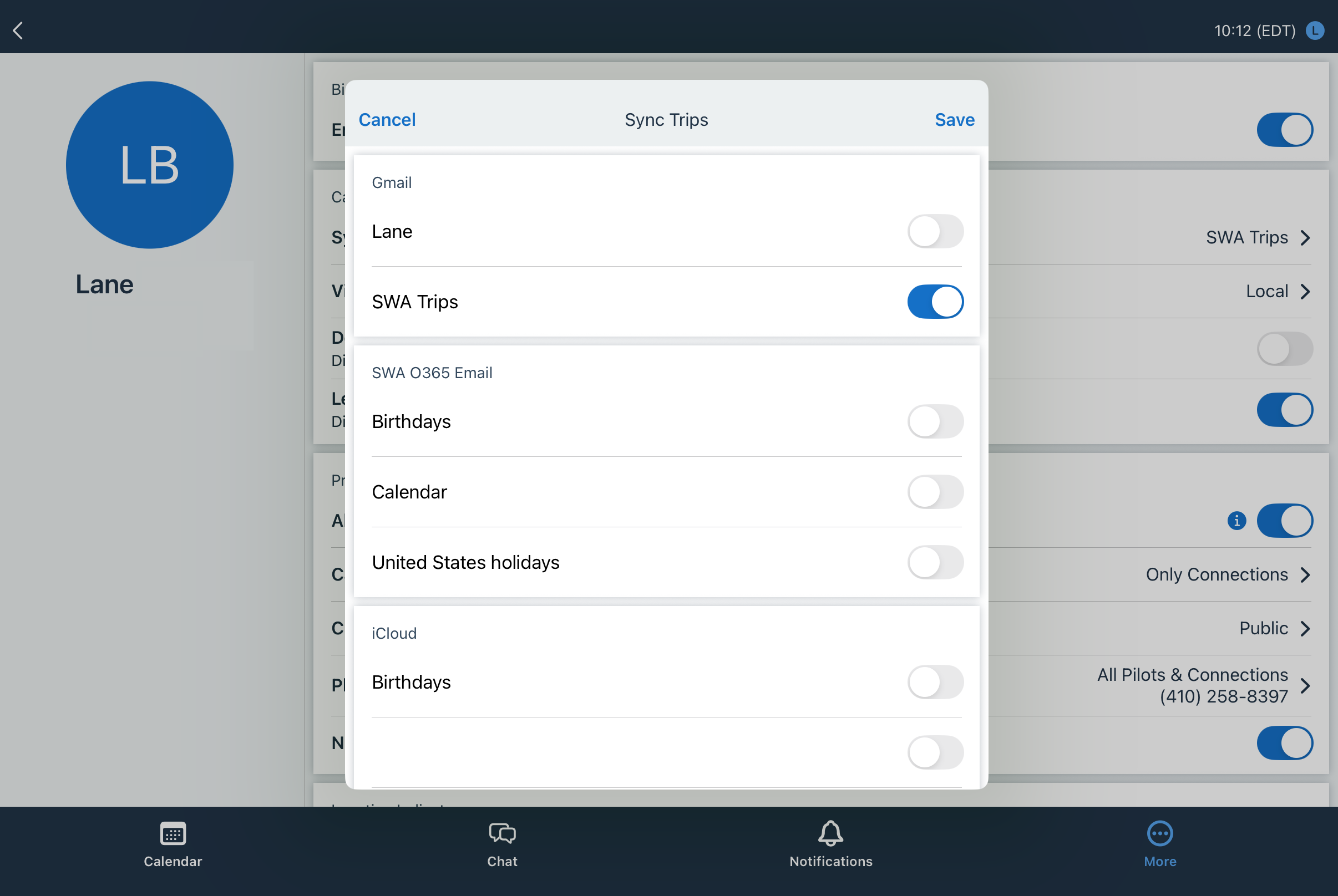 SWA Trips toggled on in CrewHub's Sync Trips screen, ready to save