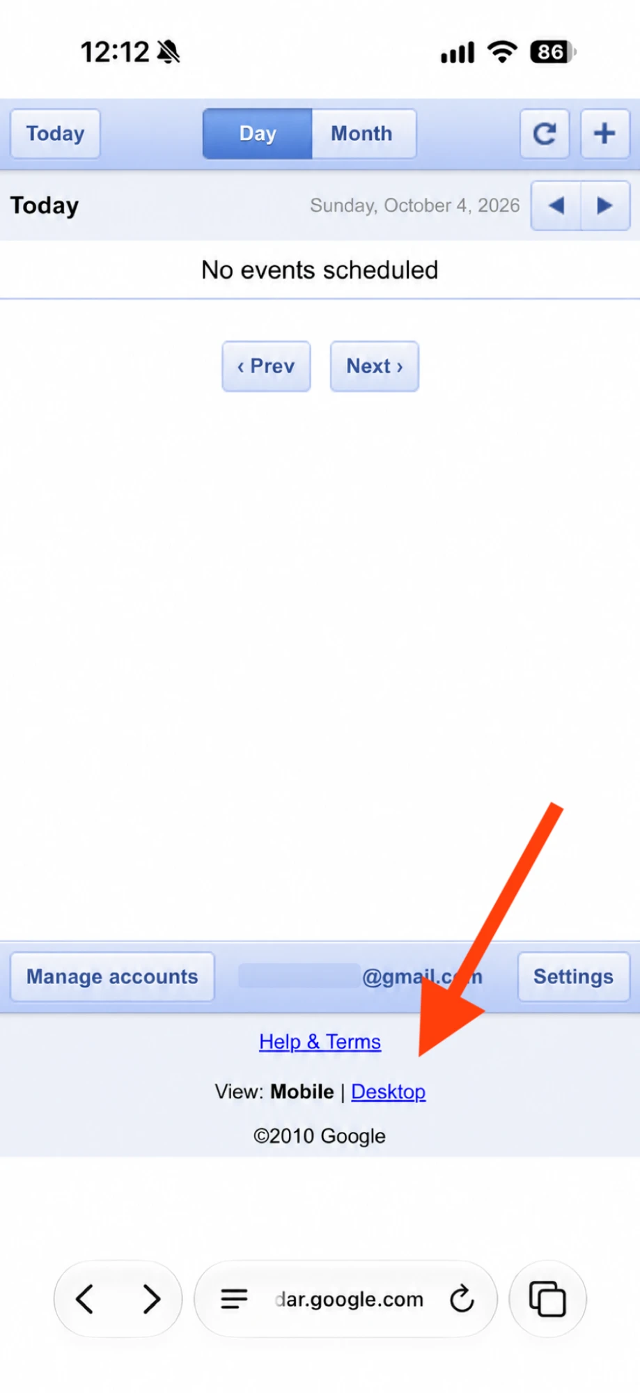 Google Calendar's plain mobile page on an iPhone, with an arrow to the Desktop link beside View: Mobile at the very bottom