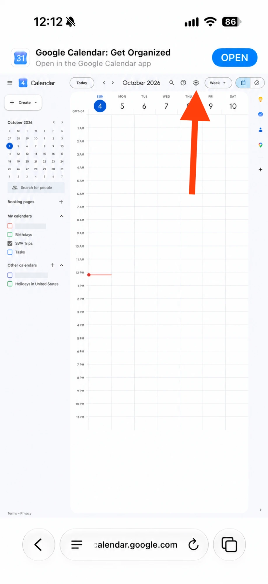 On an iPhone in Google Calendar on the desktop view, the gear icon at the top is circled
