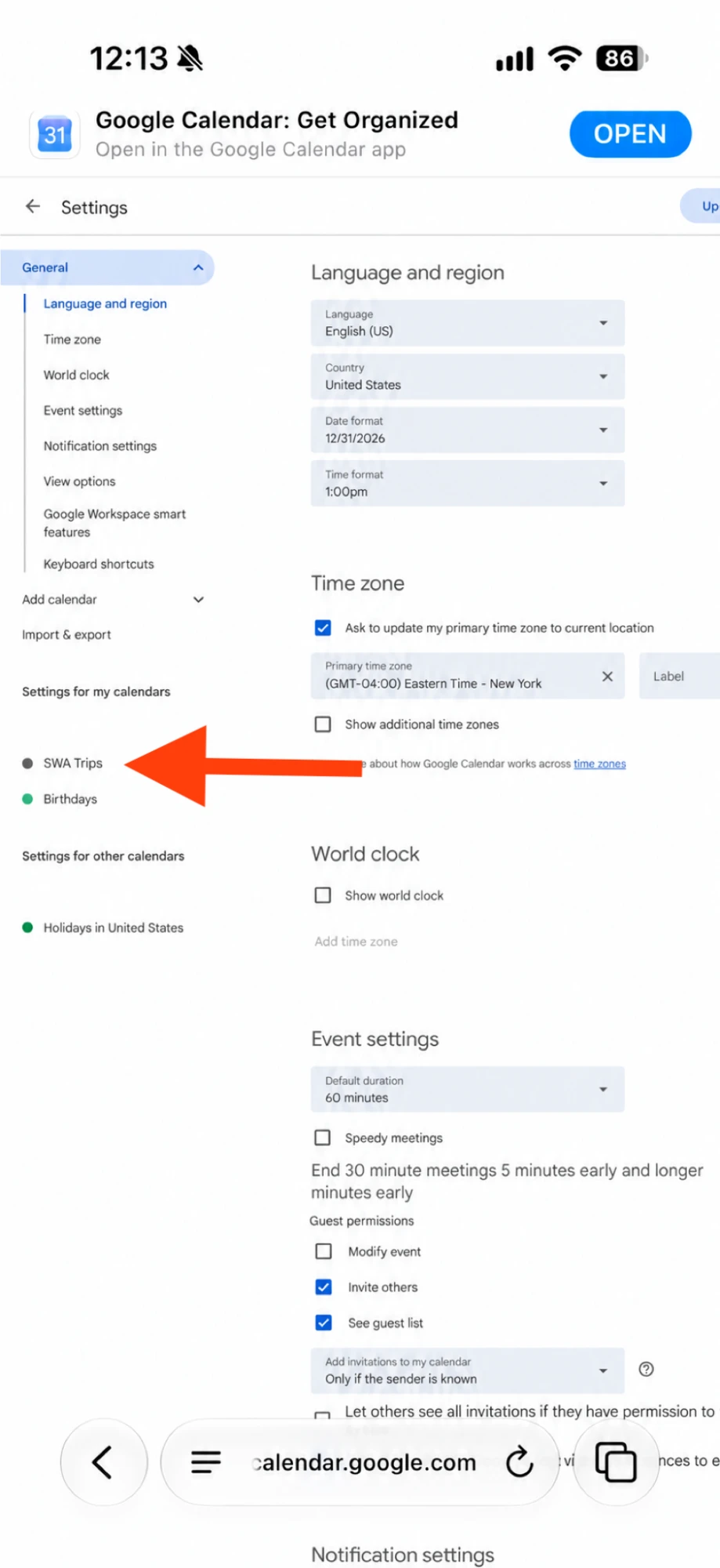 The Settings page on an iPhone with SWA Trips under Settings for my calendars
